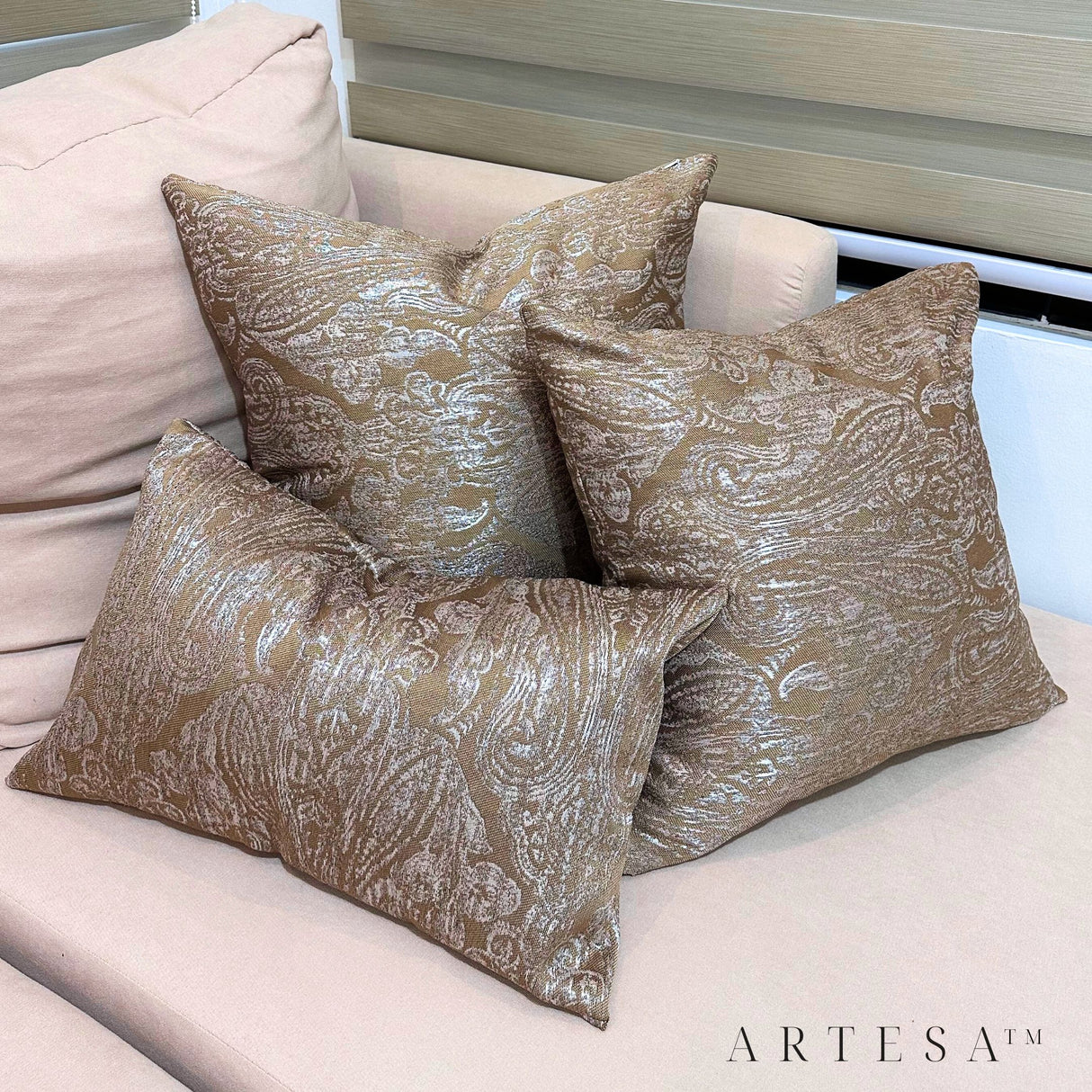 Artesa Clara Premium Cotton Brocade Throw Pillow Set of 3 - Elegant Home Decor Ensemble