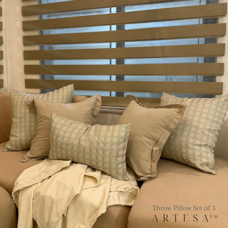 Artesa Throw Pillow Cover Set of 5 in Maria Brocade X Cotton Linen in Natural - Elegant Home Decor Ensemble