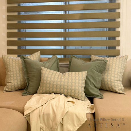 Artesa Throw Pillow Cover Set of 5 in Maria Brocade X Cotton Linen in Sage - Elegant Home Decor Ensemble