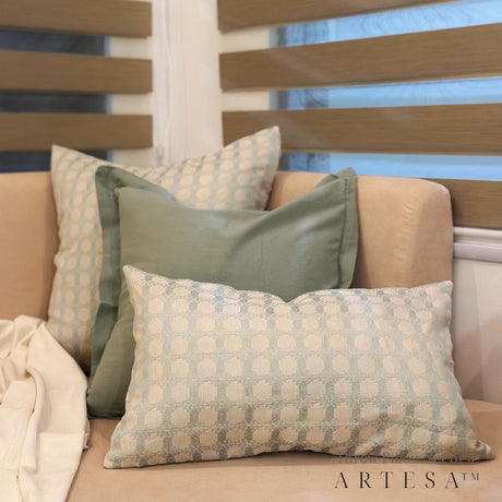Artesa Throw Pillow Cover Set of 3 in Maria Cotton Brocade X Cotton Linen in Sage Green - Elegant Home Decor Ensemble
