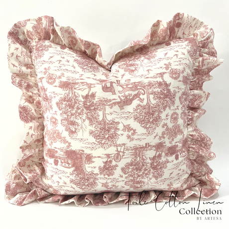 Artesa Laura Toile de Jouy (100% Cotton Linen) Ruffled Throw Pillow Cover - Elegant Decorative Cushion Case with Zipper Closure